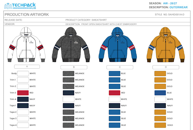 create a factory ready clothing tech pack for any garment
